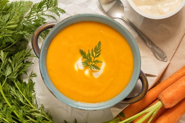 Organic Carrot Soup with Vanilla Yogurt Swirl