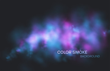 Realistic colored blue, purple and pink smoke on a black background. Vector illustration