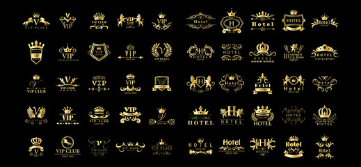 Golden Vip And Hotel Luxury Logo Set - Isolated On Black Background, Vector. Icons Collection Of Golden Vip Logo, Hotel Emblem And Label. Useful For Badge, Seal And Design Template. Luxury Logo Vector