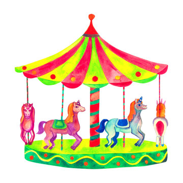 Bright carousel with horses.Watercolor illustration isolated on white