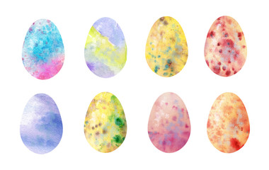 Watercolor eggs. Happy Easter. Set of eggs on a white background for design and creativity. Elements for creating greeting cards and packaging. Set of colored eggs on a white background. 