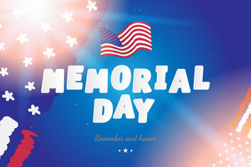 Happy Memorial Day. Greeting card with USA flag on background with light effect. National American holiday event. Flat vector illustration EPS10
