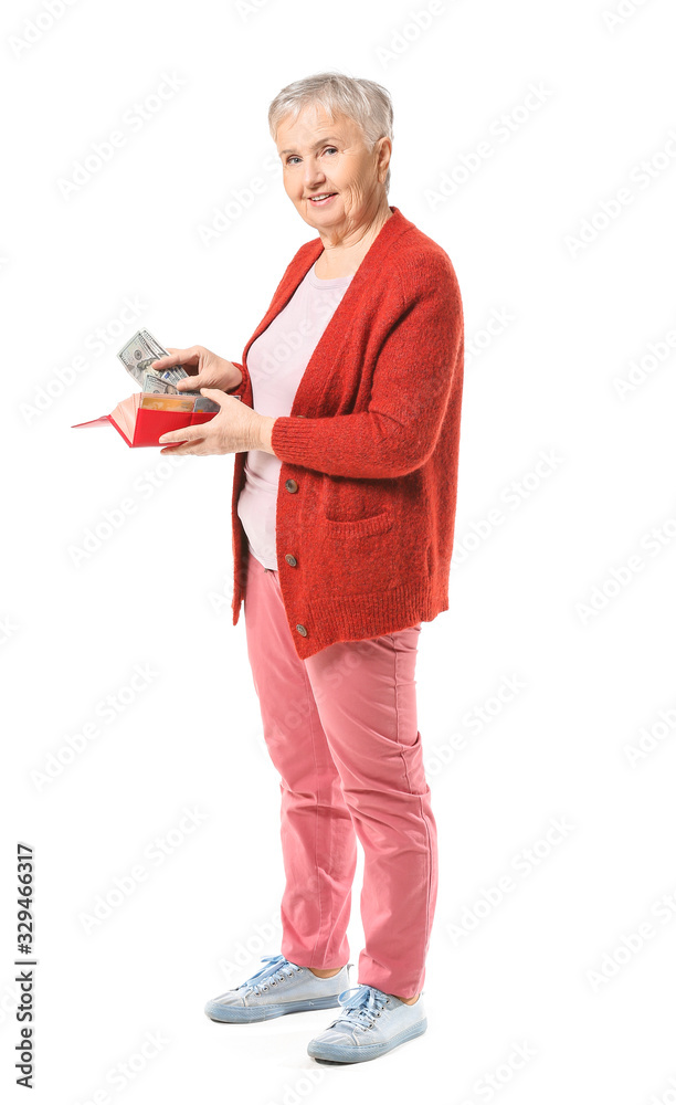 Poster Senior woman with wallet and money on white background