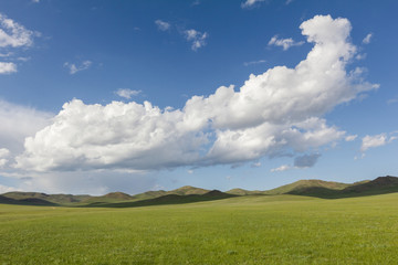Mongolia steppe, landscape of infinite grasslands under beautiful cloud in blue sly
