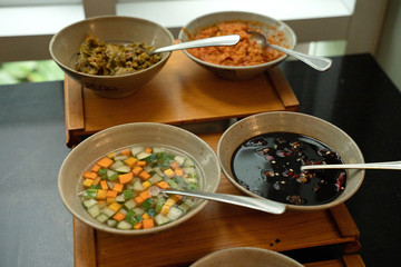 various kinds of sambal, sambal ijo, sambal bawang, sambal kecap and pickles