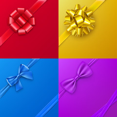 Colorful posters set with gift bows from satin tape. Background with realistic decoration for holidays presents vector illustration. Birthday, other holiday poster with glossy silk bow and copy space.