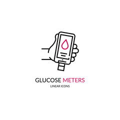 Diabetes blood glucose meter linear icons set