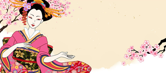 Beautiful geisha in pink kimono - obrazy, fototapety, plakaty