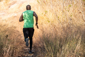 Rear view of Fit athlete trail runner sportsman running away uphill on mountain trail. African man in sport shoes and sportswear sprinting and endurance training outdoors trail running workout.