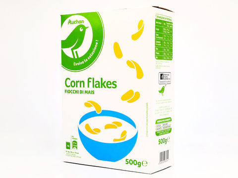 Italy – March 10, 2020: AUCHAN Corn Flakes Cereal sold by Auchan supermarket chain