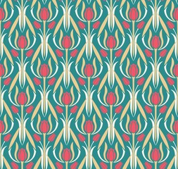 Geometric ornament with tulips. Vector seamless plant pattern in damask style.