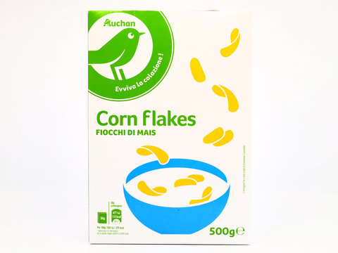 Italy – March 10, 2020: AUCHAN Corn Flakes Cereal sold by Auchan supermarket chain