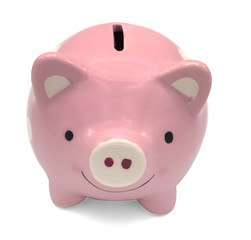 Pink piggy bank isolated on white background with clipping path