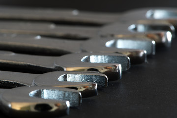 Chrome Wrenches of Different Sizes Lined Up. Macro Photography