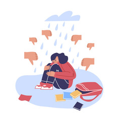 Teenage bullying. Vector image of a character in a depressed psycho-emotional state. Dependence on social networks and public opinion.