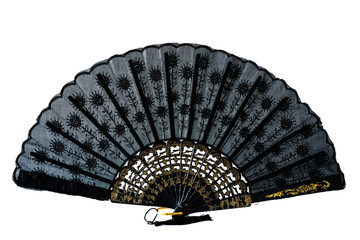 Lace black and gold hand fan isolated on white  background. Spanish or Chinese influence. Flamenco...