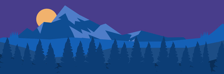 Landscape panorama vector with mountain range,pines and moon in classic blue color tones.