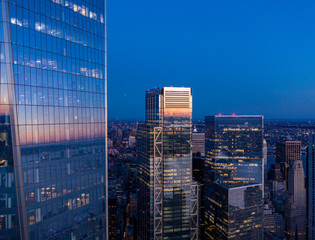 Aerial view of New York city One World Trade Center at dusk