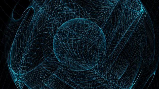 Slowly evolving rotating wireframe globe on black background