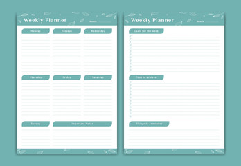 Weekly planner schedule monday to sunday set with weekly goals and notes in soft green leaf flower decoration