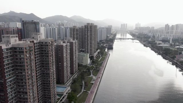 Hong Kong City One residential precinct buildings with Shing Mun river, Aerial view