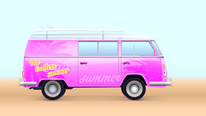 Retro bus with surfboard. Pink beach van with sticker the endless summer on blurred summer background. Volumetric icon. Vector 3d illustration, EPS 10