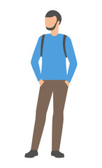 Man stands with a backpack. Isolated on a white background. Flat design. Vector illustration.