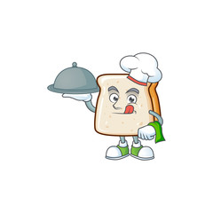 chef cartoon character of slice of bread with food on tray