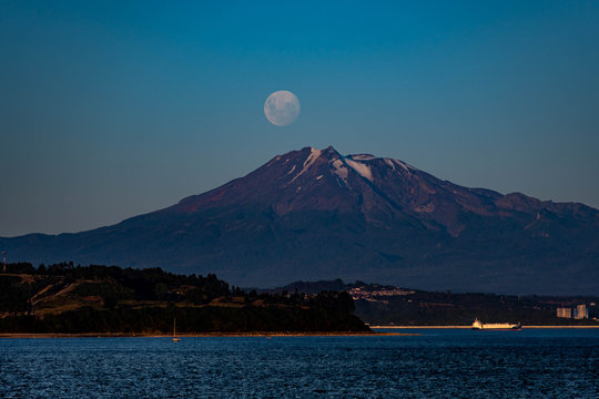 Full moon over Calbuco Vulcan, Puerto Montt, Chile