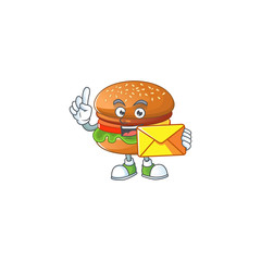 Cute face hamburger mascot design holding an envelope
