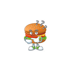 Cute hamburger cartoon character using a microphone