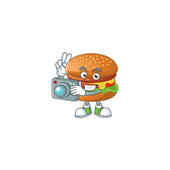 Hamburger mascot design as a professional photographer with a camera