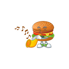 Hamburger cartoon character playing music with a trumpet
