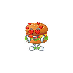 Romantic hamburger cartoon character with a falling in love face