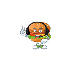 An attractive hamburger mascot character concept wearing headphone