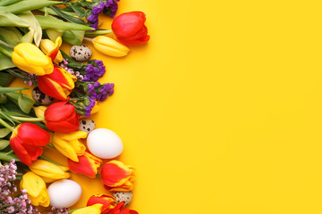 Springtime season greeting card - happy easter concept - multicolored tulips and eggs on bright yellow background, copy space, sale, discount, celebrate banner