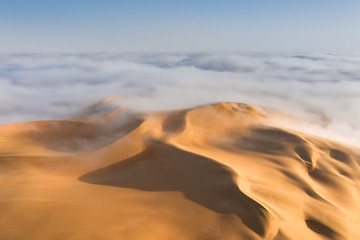 Obraz na płótnie Canvas Massive sand dune emerging from a dense fog cloud. Liwa desert, Abu Dhabi, United Arab Emirates.