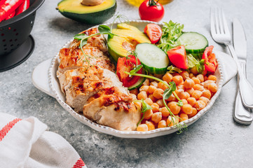 Healthy vegetable buddha bowl lunch with grilled chicken and chickpeas, cucumber, tomato and avocado on light gray background. Zero waste concept. Selective focus