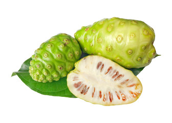 Naklejka na ściany i meble Noni fruits (Morinda citrifolia) or mengkudu with leaf and slice, isolated on white background.