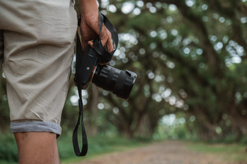 portrait of a man hand holding a camera taking picture of the road between large trees