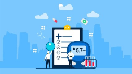 Website or Landing page with blood glucose testing meter,diabetes and insulin production concept vector.