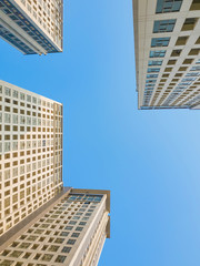 Tangerang, Indonesia - 6th Sep 2019: Frog eye view of M Town Residences apartment buildings in Gading Serpong, Tangerang, Indonesia. It is a luxury residential area.