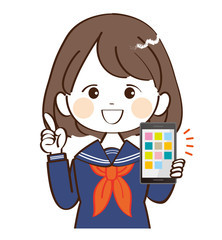 女性、学生、スマホ、説明