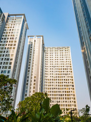 Tangerang, Indonesia - 6th Sep 2019: Frog eye view of M-Town Residences apartment buildings in Summarecon Serpong, Tangerang, Indonesia. It is a luxury residential area.