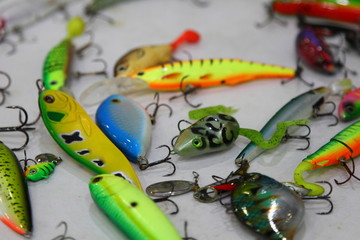 Bright catchable colored fishing lures close up