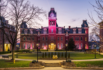 Dramatic image of Woodburn Hall at West Virginia University or WVU in Morgantown WV as the sun sets...