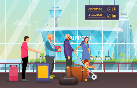 Passenger group people together waiting in airport terminal. Passengers family with child in pram, elderly waiting to arrival, departure with luggage, suitcases, in waiting room cartoon vector