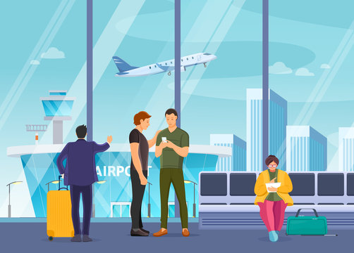 Passenger group people together waiting in airport terminal. Passengers family with child in pram, elderly waiting to arrival, departure with luggage, suitcases, in waiting room cartoon vector