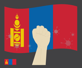Fist power hand with novel coronavirus or COVID-19 virus stained on the Mongolia National Flag, Fight for Mongolian people concept, sign symbol background, vector illustration.