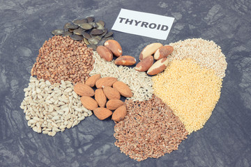 Ingredients as best food for healthy thyroid. Natural eating containing vitamins